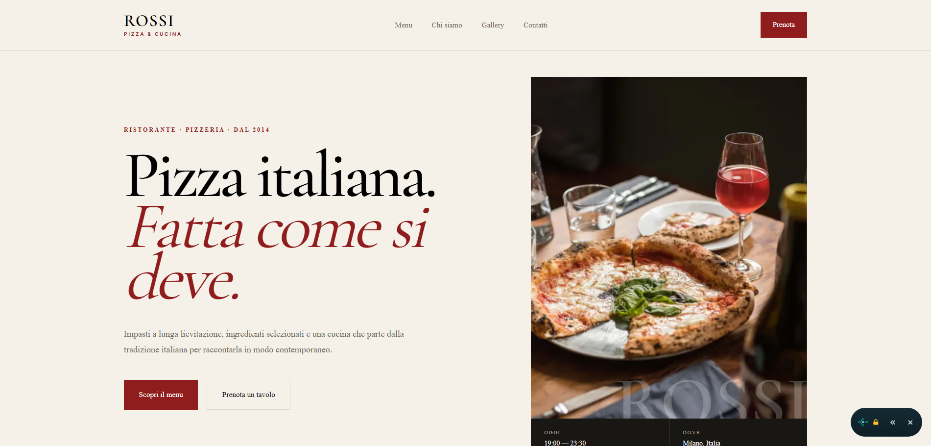 Anteprima del concept website Pizzeria Rossi & Cucina